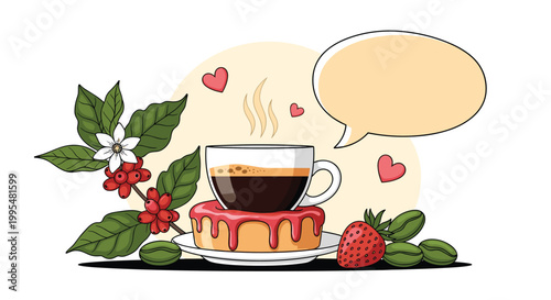 Delicious cup of espresso sits on a glazed donut surrounded by fresh coffee leaves, red berries, and a blank speech bubble icon.