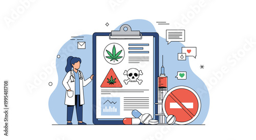 Healthcare professional standing next to large medical clipboard showing report on cannabis research and pharmaceutical drug use.