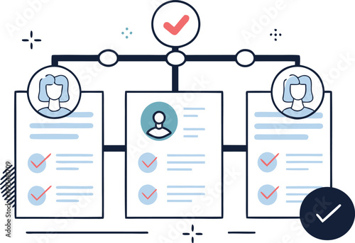 A flowchart illustrating a checklist process with multiple documents and verified steps