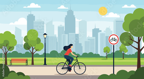 Active woman riding bicycle through green city park with skyscrapers in background and bicycle lane sign on sunny summer day.