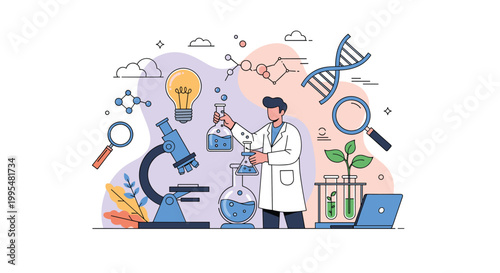 Scientist conducting experiments with chemical flasks and microscope in modern laboratory surrounded by science icons and green plants.