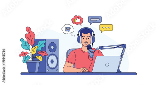 Content creator wearing headphones and speaking into microphone while recording podcast episode in home studio with laptop computer.