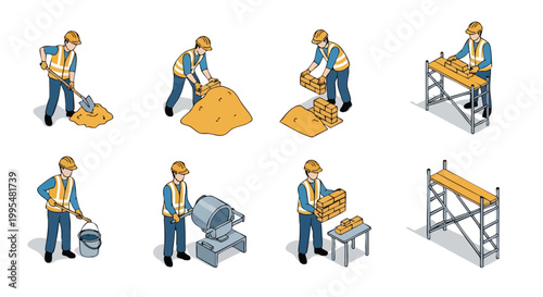 Construction Workers Isometric Set. Building Process Illustration. Flat Vector Elements. Industrial Design.