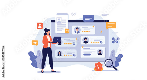 Human resources professional evaluating job candidates on digital recruitment platform with resumes and star ratings on screen.