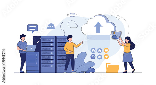 Team of IT professionals managing cloud data storage and server hardware for uploading files and digital information security.