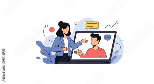 Professional woman having online video call on laptop with male colleague featuring speech bubbles and abstract background elements.
