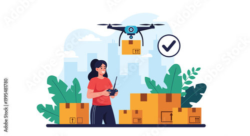 Young woman using remote control to fly delivery drone carrying package over stack of cardboard boxes for fast shipping service.