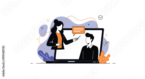 Professional coach giving online lesson to student on laptop screen featuring speech bubbles and abstract background elements.