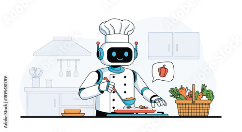 Intelligent robot chef cooking healthy meal in modern kitchen with fresh vegetables and cooking utensils for future automation.