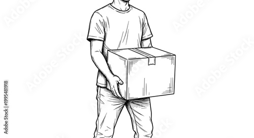 Illustration of a man holding a moving box, wearing casual clothes, monochrome sketch on white background