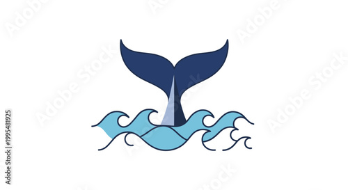 Playful blue whale tail diving in simple splashing ocean waves, fresh marine illustration, isolated white background.