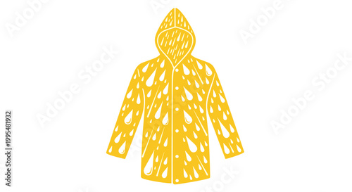 Illustration of a vibrant yellow raincoat with raindrop patterns, featuring a hood and button details on a stark white background, raindrops