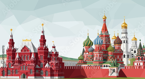 Moscow cityscape with Kremlin and St. Basil's Cathedral, geometric low poly style