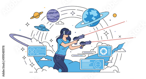 Woman wearing a virtual reality headset playing an immersive space-themed action game with futuristic laser weapons.