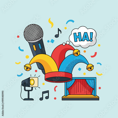 Photography Colorful illustration of a jester's hat with a microphone