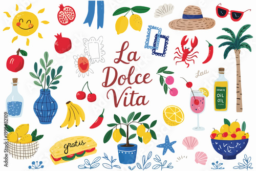 La Dolce Vita Seamless Pattern Stock Illustration, Italian Lifestyle Design, Vintage Mediterranean Style Background with Elegant Decorative Elements and Retro Luxury Theme