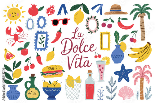 La Dolce Vita Seamless Pattern Stock Illustration, Italian Lifestyle Design, Vintage Mediterranean Style Background with Elegant Decorative Elements and Retro Luxury Theme