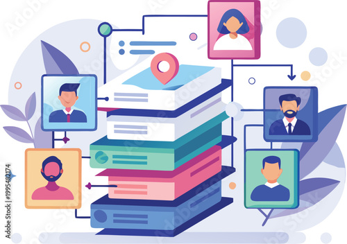 An illustration of a stack of books with people's profiles connected to them