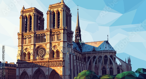 Notre Dame Cathedral Paris Geometric Low Poly Style Illustration