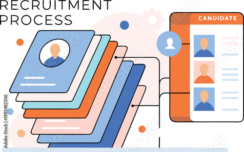An infographic illustrating the recruitment process with a stack of resumes and a candidate profile on a mobile device.