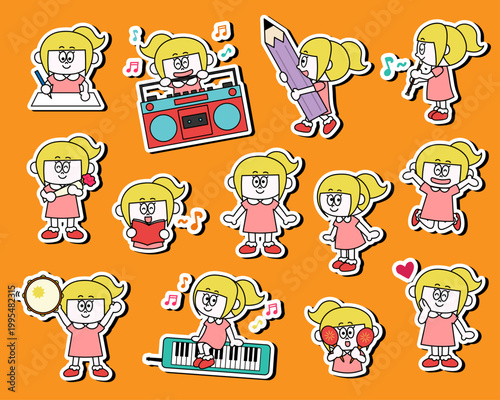 かわいい女の子のイラストセット（音楽）_フチあり（ベクター）