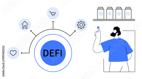 Finance, cryptocurrency, blockchain, technology, digital investment, payment systems. Circular design highlighting decentralized finance with connected icons. Finance and cryptocurrency explained