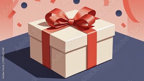 Elegant gift box wrapped with red ribbon and satin bow on display