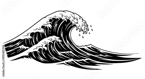 Powerful Ocean Waves Crashing in Black and White, Dynamic Sea Movement, isolated white background