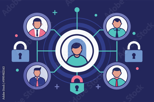 A graphic illustration of a central figure connected to multiple other people with locks and security symbols