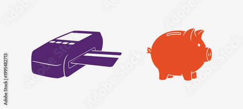Purple printer and red piggy bank Vector, EPS