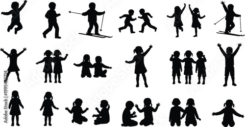 Black Silhouette Collection of Active Children Playing Skiing and Posing in Various Fun Dynamic Poses