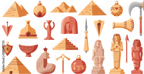 Ancient Egypt Vector Icon Set Featuring Giza Pyramids, Pharaoh Statues, Sphinx, Hieroglyphi