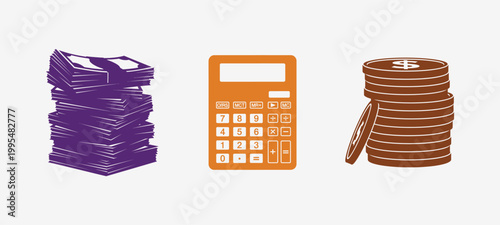 Stack of money, calculator and coins Vector, EPS