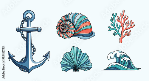 Nautical vintage illustration set with anchor, seashells, coral and ocean wave. Marine life vector collection for summer travel and beach branding.