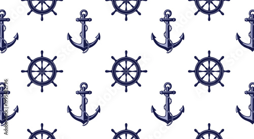 Seamless Nautical Pattern With Navy Blue Ship Wheels and Anchors on Clean White Background