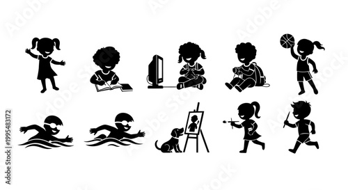 Set of Children Activities Silhouettes Icons