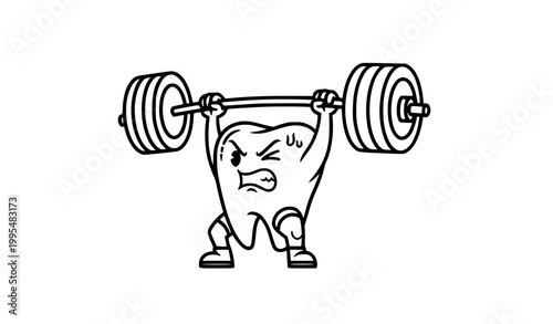 Strong cartoon tooth lifting barbell outline vector illustration dental fitness mascot isolated on white background