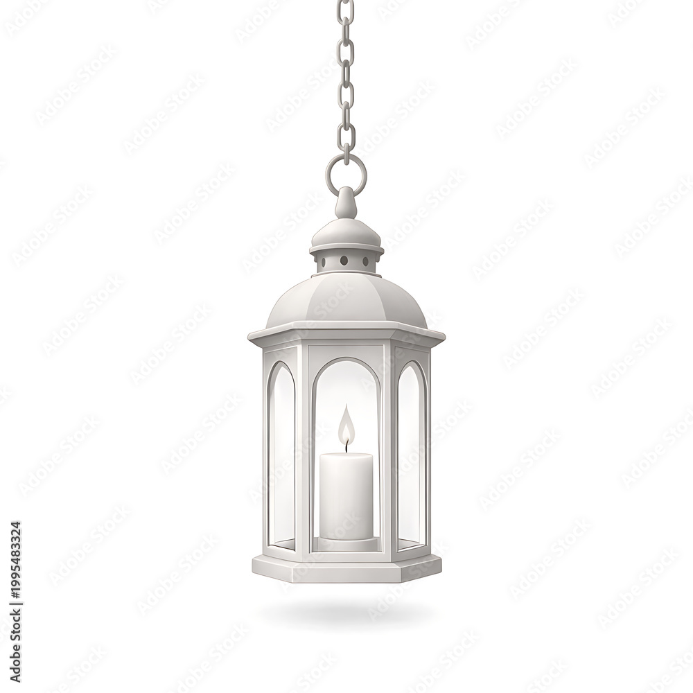 Fototapeta premium A white hanging lantern with a candle inside