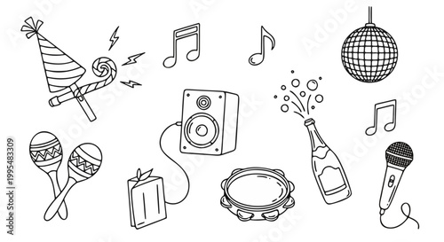 Party celebration line art icons, disco and music event vector set, champagne and musical instrument doodles for birthday and nightlife design