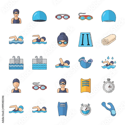 Swimming icons and pool accessories.