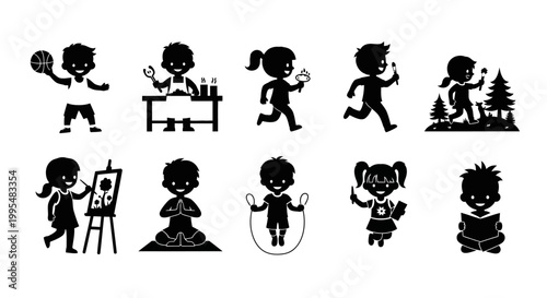 Set of Children Activities Silhouettes Icons