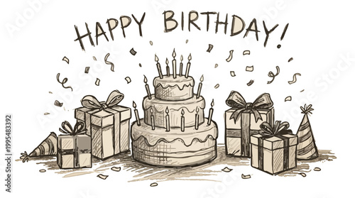 Hand-drawn happy birthday greeting banner, vintage sketch of tiered cake with candles and gift boxes, festive party celebration vector illustration