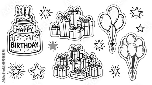 Hand-drawn birthday sticker set, black and white doodle party elements, celebratory cake and gift boxes vector collection for coloring