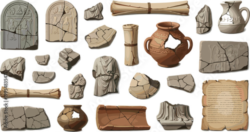 Ancient Artifacts Collection with Stone Tablets, Broken Sculptures, Clay Pots, Scrolls, and Ruins Elements for History, Archaeology, and Museum Illustration Design