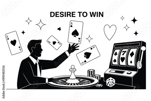 Man Playing Cards and Slot Machine in Casino with Chips and Dice, Desire to Win Concept, Gambling Luck and Risk Theme, Vector Illustration