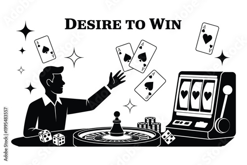 Man Playing Cards and Slot Machine in Casino with Chips and Dice, Desire to Win Concept, Gambling Luck and Risk Theme, Vector Illustration