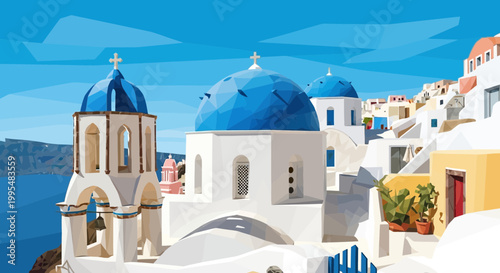 Santorini Greece, Blue Domed Churches and White Buildings, Aegean Sea View