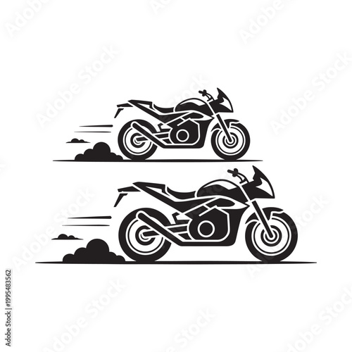 Stylized black and white illustration of two speeding motorcycles with motion lines