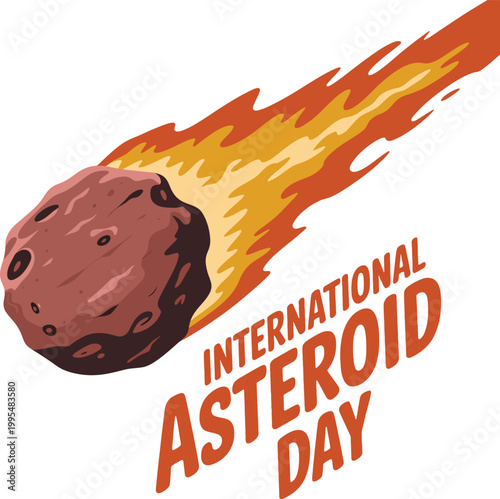A red brown asteroid with a fiery orange yellow tail streaks across a white background with bold orange text