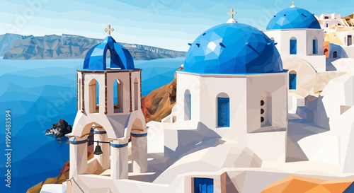 Santorini church domes, white buildings, blue sea, Greece travel, geometric art style